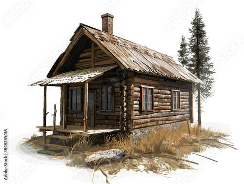 white background, A serene lakeside cabin with a rowboat., very simple and isolate in the style of animated illustrations, white background