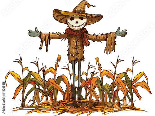 white background, A scarecrow with a sinister grin standing in a cornfield., very simple and isolate in the style of animated illustrations, white background,