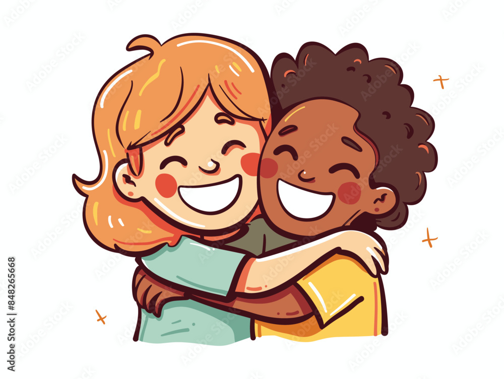white background, Two friends embracing each other with big smiles., very simple and isolate in the style of animated illustrations, white background, white background, Two friends embracing each other with big smiles., very simple and isolate in the style of animated illustrations, white background,