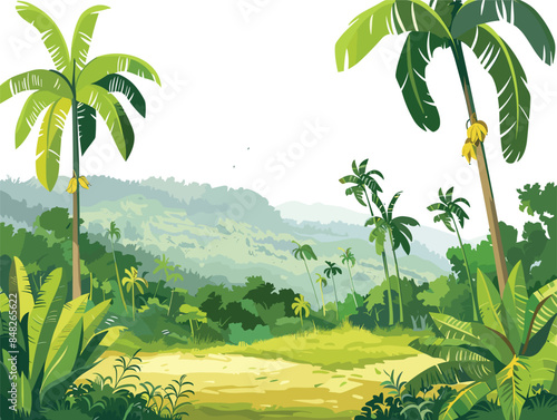 white background, An illustration of Haitian countryside dotted with banana and mango trees., very simple and isolate in the style of animated illustrations, white background