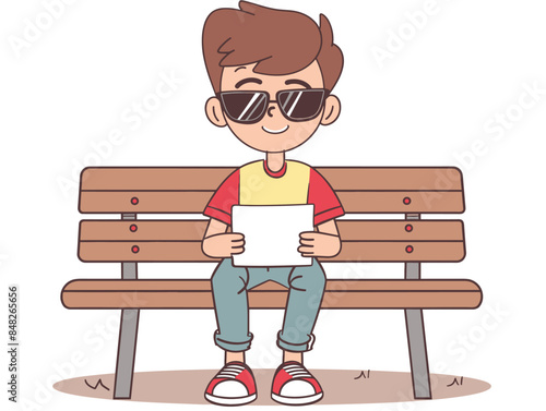 white background, The boy sitting on a bench, editing photos on a tablet and wearing sunglasses., very simple and isolate in the style of animated illustrations, white background