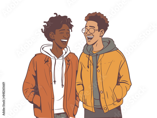 white background, Two friends sharing a joke and laughing together., very simple and isolate in the style of animated illustrations, white background