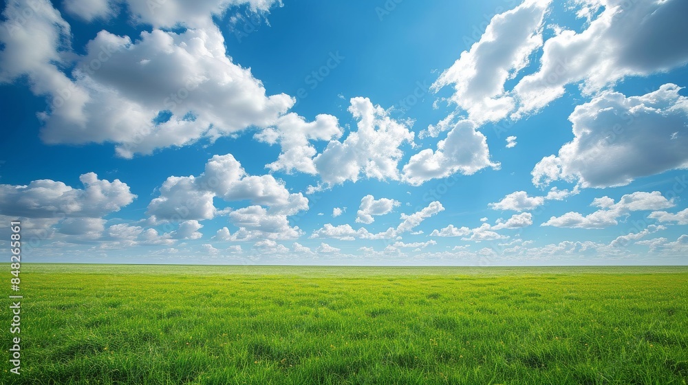 Lush green meadow bathed in sunlight, with a serene blue sky and scattered white clouds overhead Lush green meadow bathed in sunlight, with a serene blue sky and scattered white clouds overhead