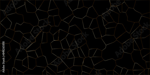 3D broken glass quartz Voronoi diagram vector background. Black color Broken Stained-Glass Background with golden lines. Papercut geometric mosaic tiles pattern background. Seamless vintage vector bg.