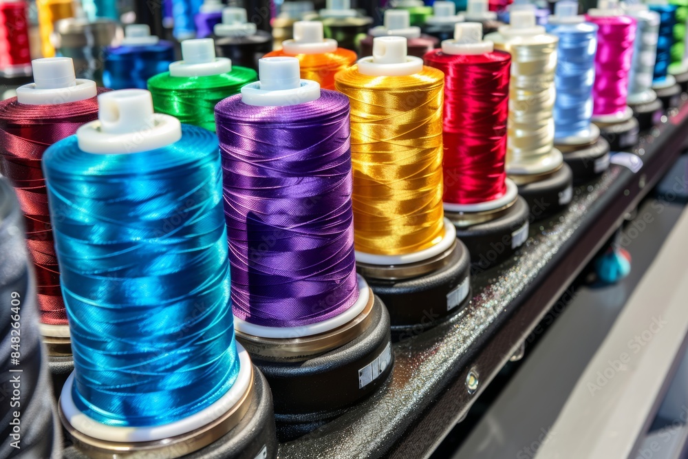 Vibrant sewing thread spools on display Vibrant sewing thread spools on display