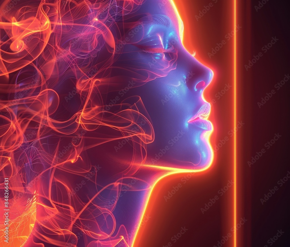 Abstract woman face made of fire, smoke and neon lights Abstract woman face made of fire, smoke and neon lights