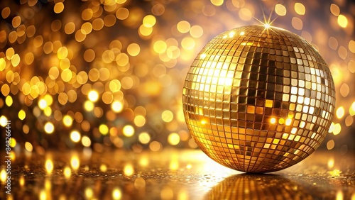 Golden disco ball with glowing lights and bokeh effect, disco ball, golden, glowing, lights, bokeh, party, night