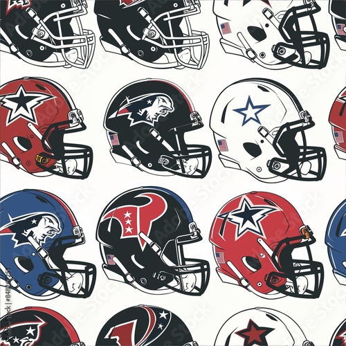 Tile pattern of American football helmets with various team designs. Perfect for sports-themed backgrounds, merchandise, and fan products.