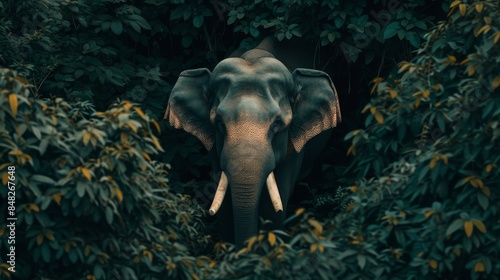 Asian elephant standing amidst the dense foliage of an Indian forest
