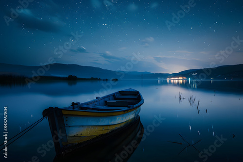 boat in middle of lake at night