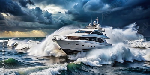 Luxury motor yacht bravely navigating through a storm in the ocean, with big waves and strong winds, luxury, motor yacht, storm