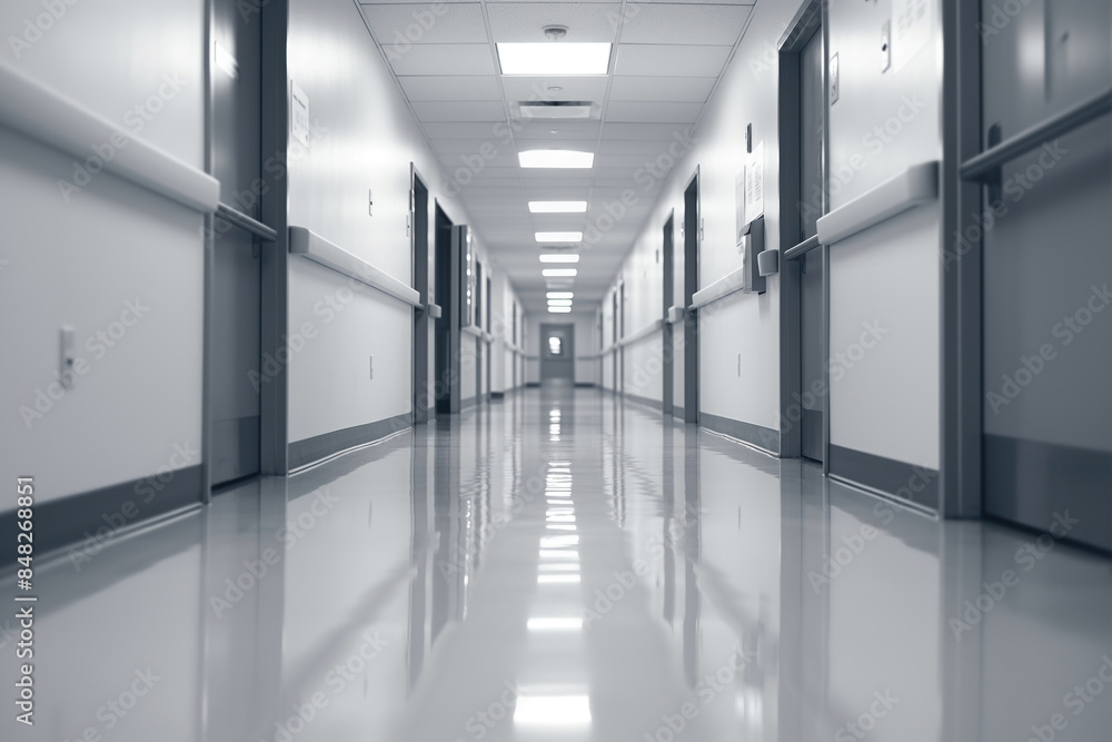 Fototapeta premium Long empty hospital hallway in perspective with shiny floor