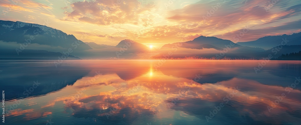 Sunset or Sunrise Over Mountain Lake with Reflection, Beautiful Landscape Background Sunset or Sunrise Over Mountain Lake with Reflection, Beautiful Landscape Background