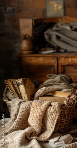 Cozy Vintage Scene with Woven Basket, Antique Books, and Warm Textiles in Rustic Setting