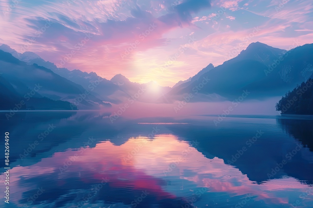 Sunset or Sunrise Over Mountain Lake with Reflection, Beautiful Landscape Background Sunset or Sunrise Over Mountain Lake with Reflection, Beautiful Landscape Background