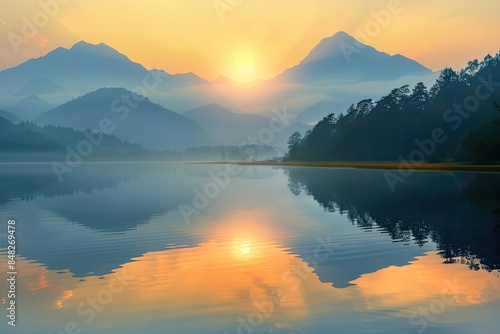 Sunset or Sunrise Over Mountain Lake with Reflection, Beautiful Landscape Background