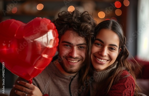 Happy young couple embracing and smiling with a heart-shaped balloon at home on Valentine's Day © yevgeniya131988
