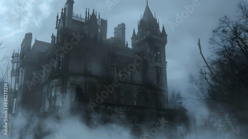 A haunted mansion shrouded in mist, where ghosts roam the halls and the walls whisper secrets of the past