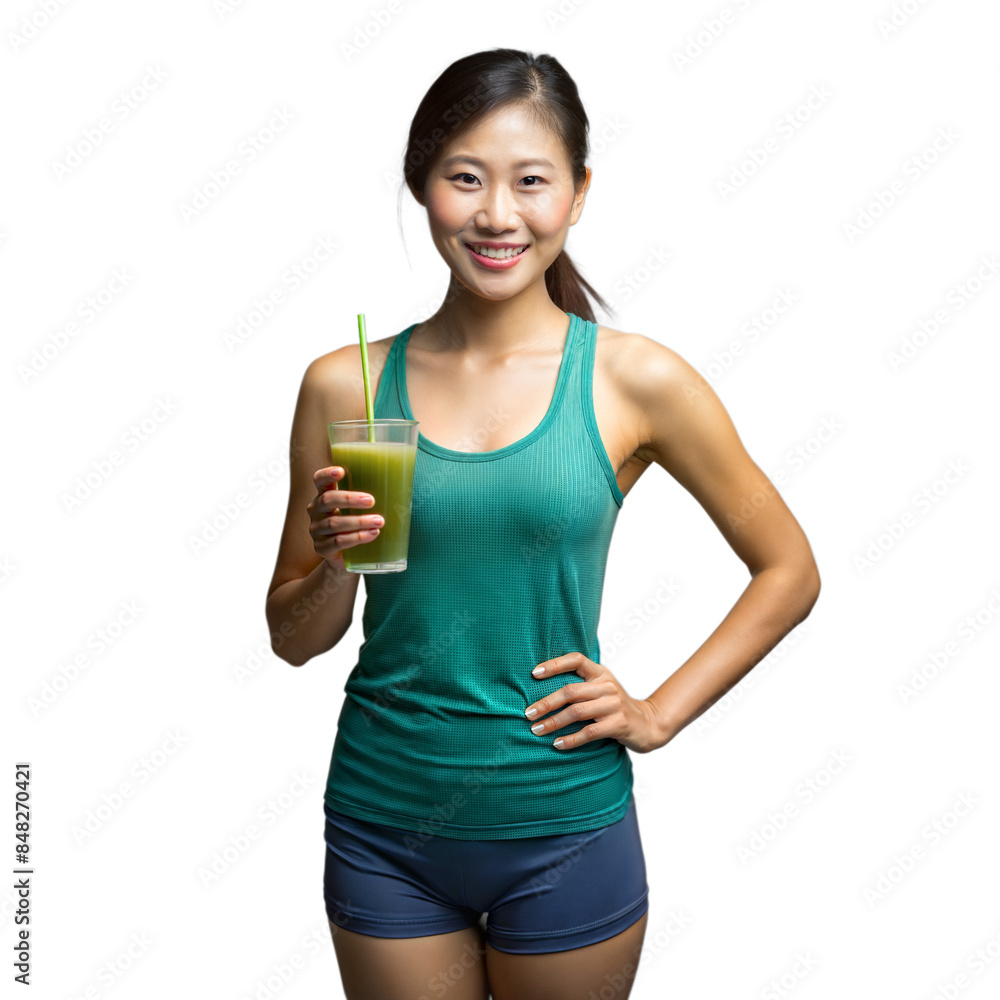 Woman holding green smoothie in fitness attire on transparent background Woman holding green smoothie in fitness attire on transparent background