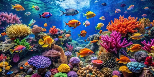 Vibrant aquarium filled with colorful fish and thriving corals, aquarium, fish, underwater, marine life, vibrant, colorful