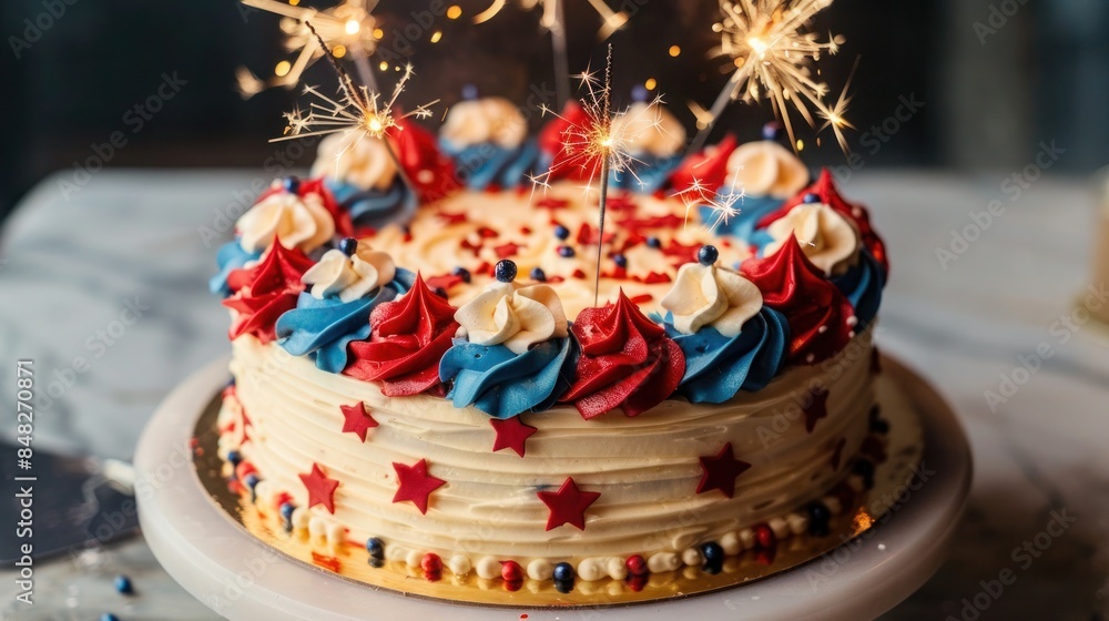 beautifully decorated Independence Day cake with red, white, and blue icing and sparklers beautifully decorated Independence Day cake with red, white, and blue icing and sparklers