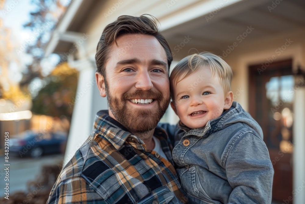 joyful father holds his adorable son in the front yard, capturing a heartwarming family moment outdoors joyful father holds his adorable son in the front yard, capturing a heartwarming family moment outdoors