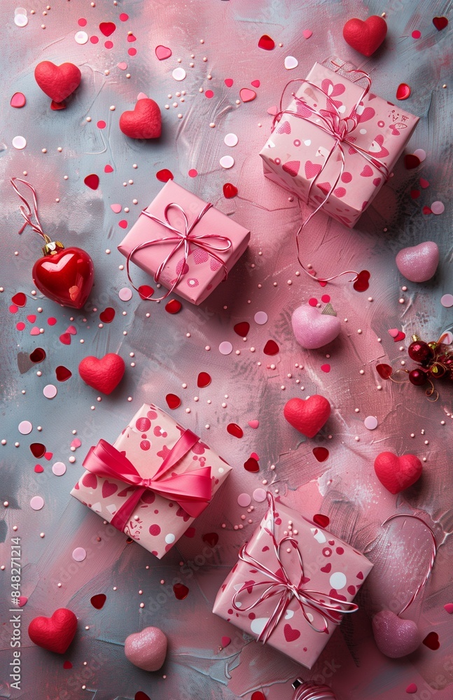 Gift boxes and red hearts on a pink pastel table create a perfect Valentine's Day background Gift boxes and red hearts on a pink pastel table create a perfect Valentine's Day background