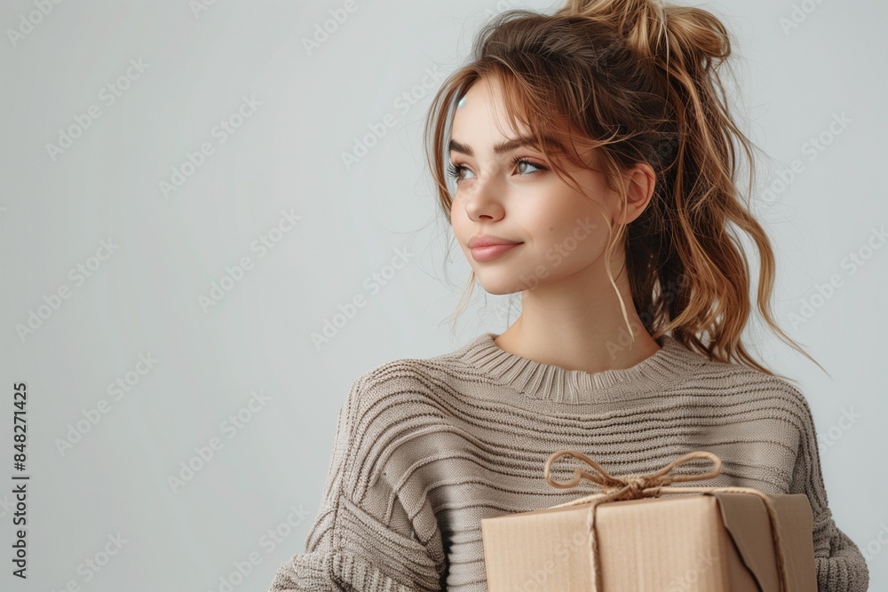 Young woman with a joyful smile holding a cardboard box against a grey background Young woman with a joyful smile holding a cardboard box against a grey background