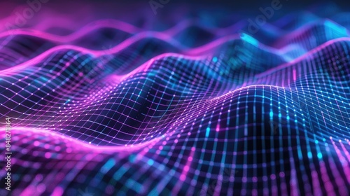 Abstract Digital Grid Waves in Vibrant Blue and Pink Hues, 3D Render of Mesmerizing Sound Wave and Futuristic Landscape with Neon Digital Line Art. Gradient Background for Web Banner