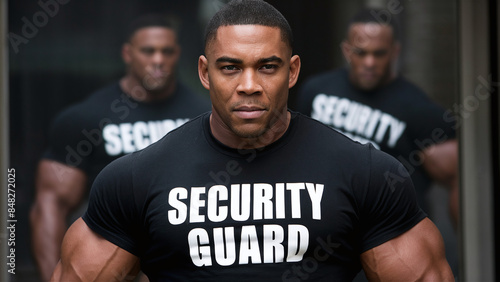 big muscular black man wearing SECURITY GUARD black t-shirt at night club
