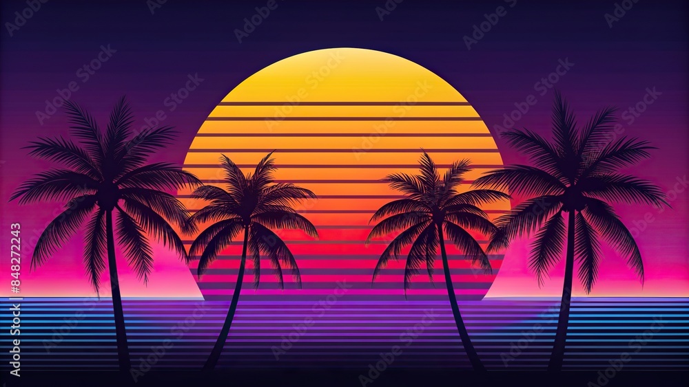 Retro sunset vintage design with bold colors and silhouetted palm trees, retro, vintage, sunset, old, design