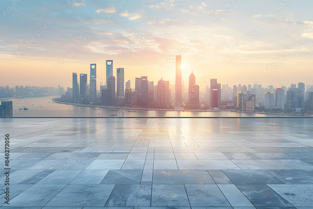 Empty square floors and city skyline with modern buildings at sunset Generative AI
Empty square floors and city skyline with modern buildings at sunset Generative AI