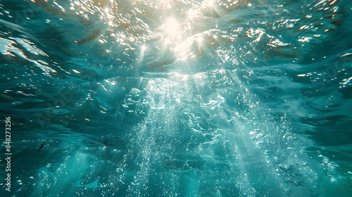 An underwater view of the sun in the sky