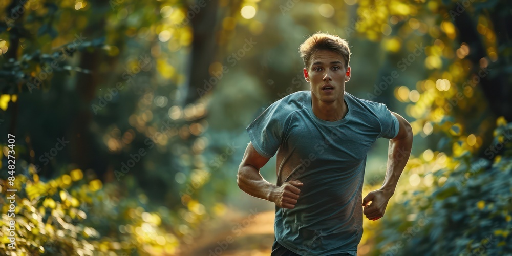Young man jogging on a forest trail at sunrise, embracing nature and staying fit, showcasing determination and endurance. Young man jogging on a forest trail at sunrise, embracing nature and staying fit, showcasing determination and endurance.