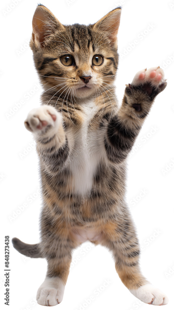 Fototapeta premium Playful tabby kitten standing on hind legs with paws raised, isolated on white background. Perfect for pet and animal-themed designs.