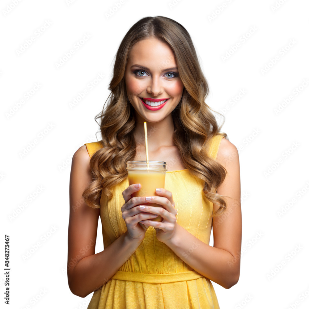 Smiling woman enjoying a healthy juice on transparent background Smiling woman enjoying a healthy juice on transparent background