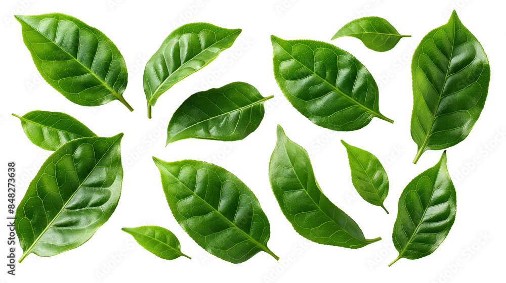 Fototapeta premium Collection of fresh green leaves arranged on a white background, showcasing natural patterns and the vibrant color of foliage. PNG transparent Background.