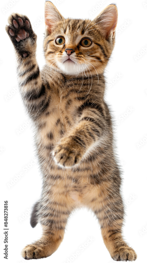 Playful tabby kitten standing on hind legs with paw raised. Adorable young feline showing curiosity, ready to pounce. Playful tabby kitten standing on hind legs with paw raised. Adorable young feline showing curiosity, ready to pounce.