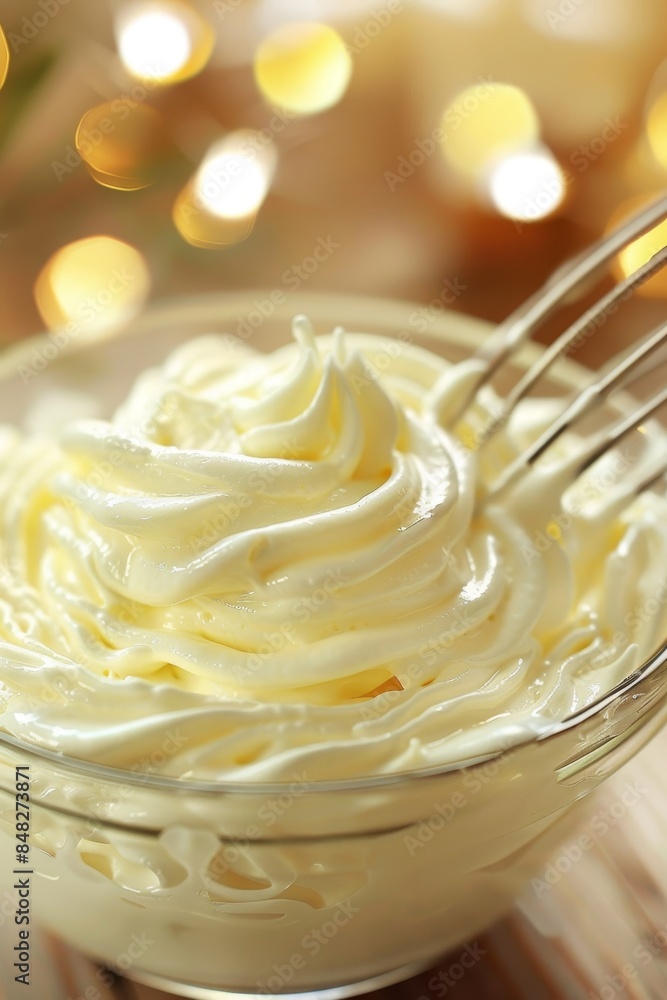 Fluffy whipped cream swirl in glass bowl with glossy whisk on soft lit background Fluffy whipped cream swirl in glass bowl with glossy whisk on soft lit background
