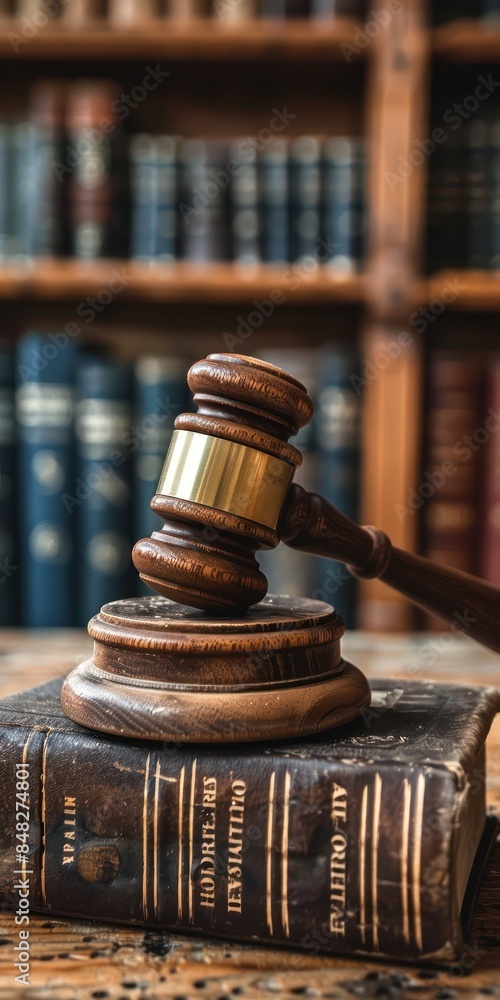 Gavel resting on a legal book in a law library, symbolizing justice and legal proceedings. Ideal for law-related content. Gavel resting on a legal book in a law library, symbolizing justice and legal proceedings. Ideal for law-related content.