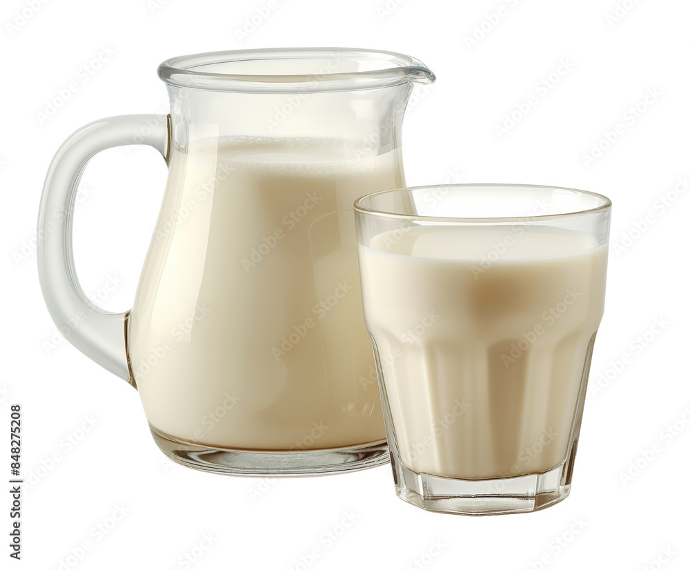 Fresh milk in a glass and jug on a white background. Perfect for dairy product and beverage concepts. PNG transparent Background. Fresh milk in a glass and jug on a white background. Perfect for dairy product and beverage concepts. PNG transparent Background.