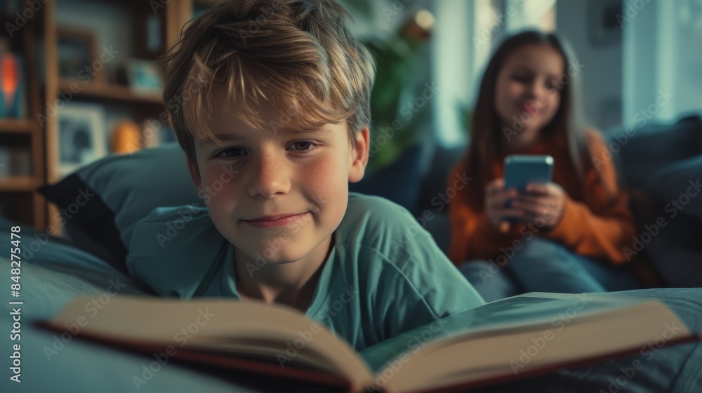 Obraz premium Happy boy absorbed in reading a book while a girl in the background accidentally uses a smartphone