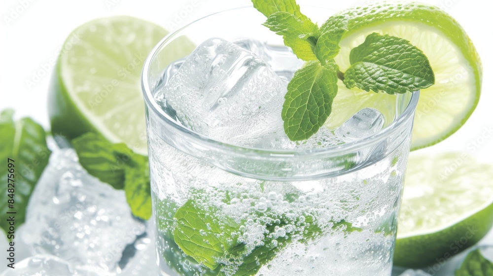 Inviting summer beverage with fresh lime slices, ice cubes, and mint leaves, served in a chilled glass Inviting summer beverage with fresh lime slices, ice cubes, and mint leaves, served in a chilled glass