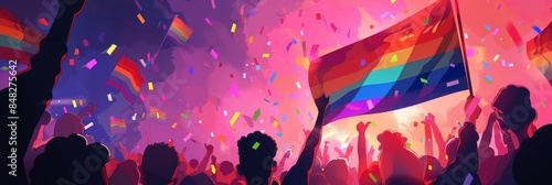 Horizontal banner. LGBT Pride Month. Hand with rainbow flag over crowd of people on the pink background. lgbt flag, lgbt parade, International Day Against Homophobia. photo