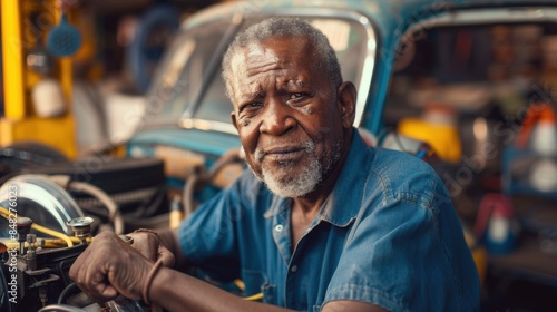 African old man mechanic repairing and fine-tuning classic cars in their garage photo