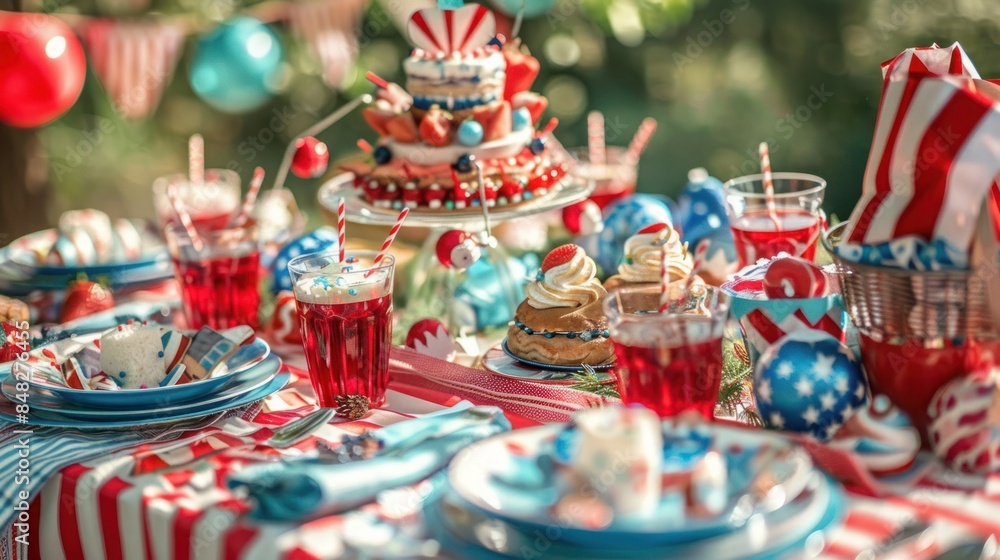 close-up of a beautifully decorated picnic table with red, white, and blue themed decorations and food close-up of a beautifully decorated picnic table with red, white, and blue themed decorations and food