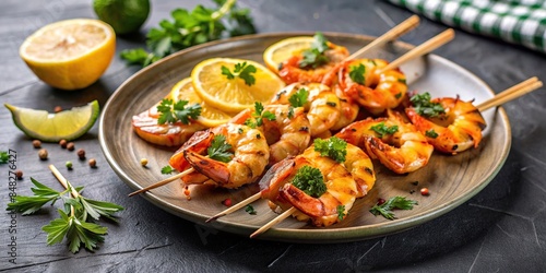 Grilled tiger shrimps skewers with lemon , seafood, barbecue, gourmet, appetizer, food photography, fresh