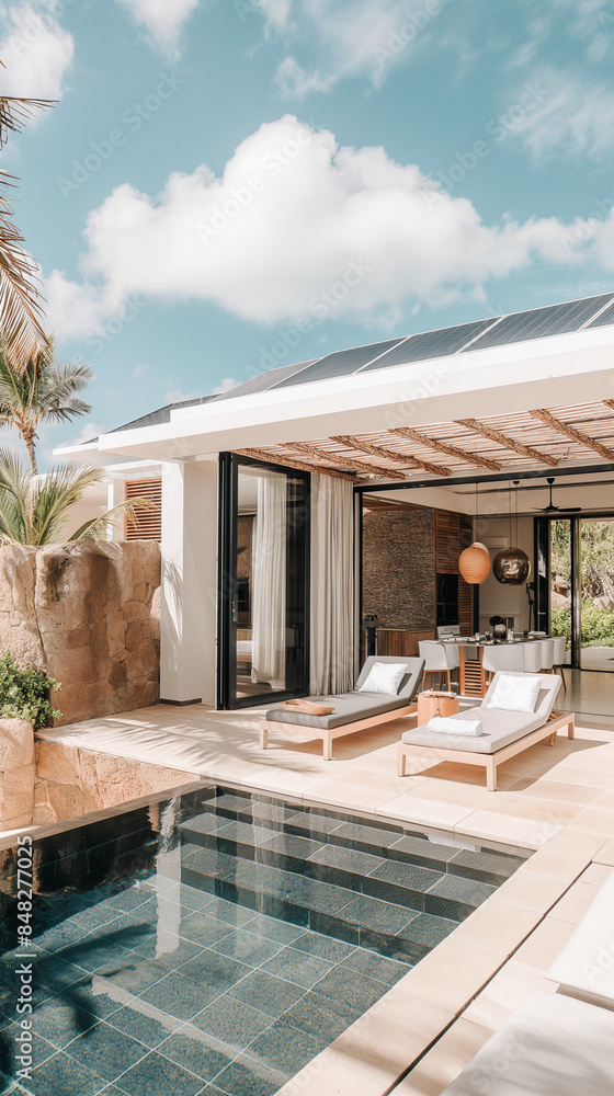 Fototapeta premium Modern house with solar panels and pool, representing sustainable living and eco-friendly home design