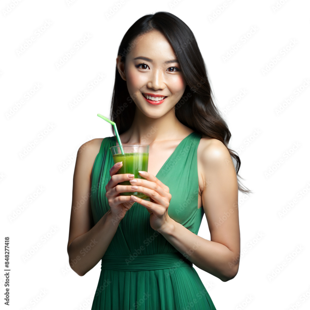 Woman in green dress holding a healthy green smoothie Woman in green dress holding a healthy green smoothie