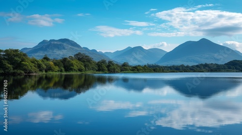 Serene landscape featuring the reflection of majestic mountains in the calm waters of a lake © AlfaSmart